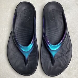 OOfos OOlala Recovery Sandals Women's 7 Black Iridescent Blue Purple Flip Flops